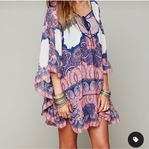 Rare Free People Marla Caftan Bohemian Blue and Pink Paisley Dress